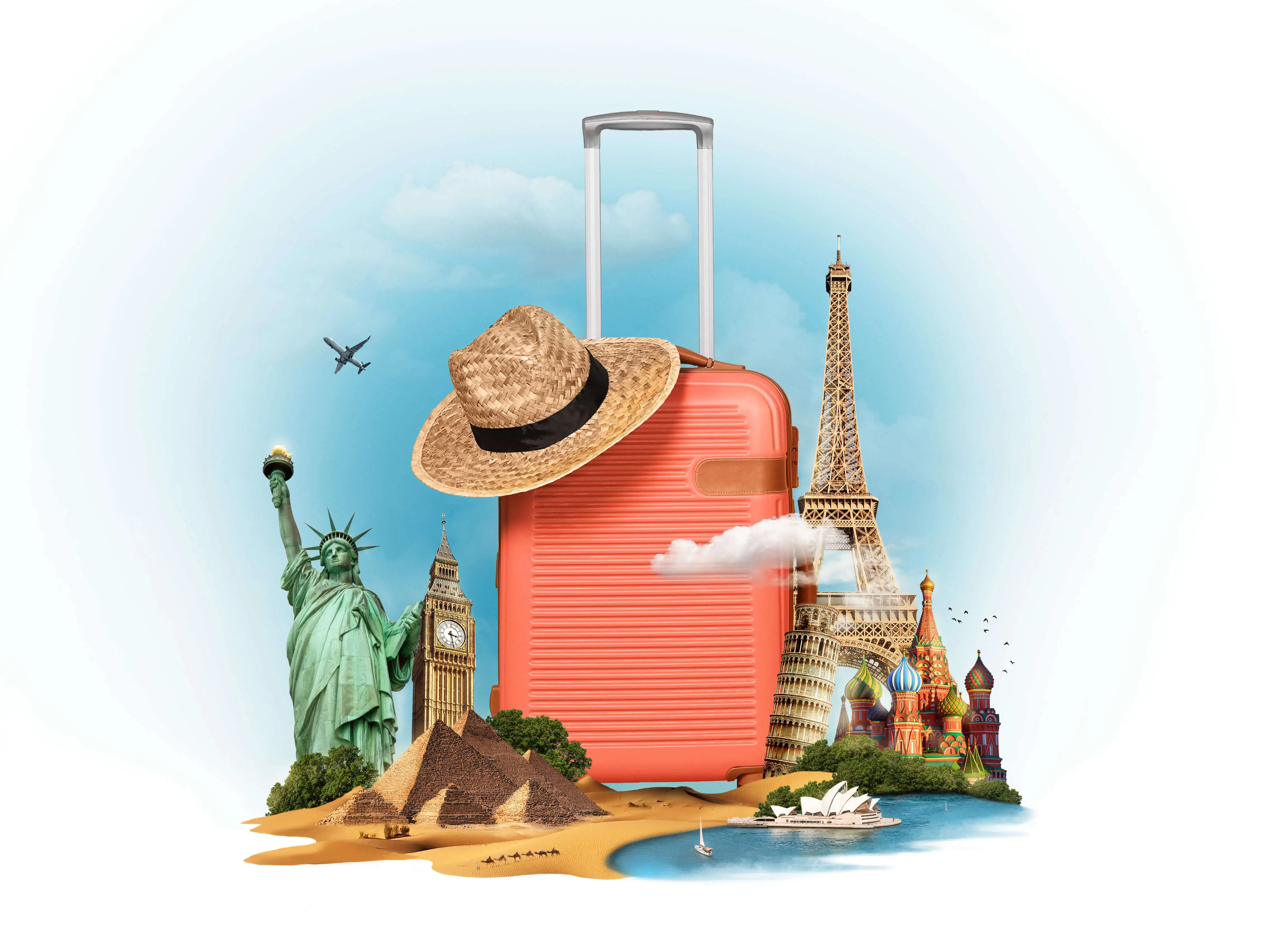 Illustration of suitcase surrounded by famous landmarks, representing travel concept.